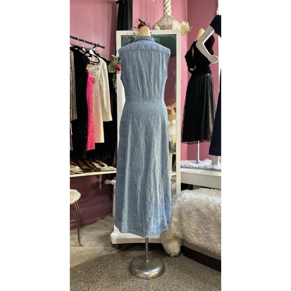 Vintage 90s Linen Maxi Dress Sleeveless Button Down Minimalist Light Wash M/L - Picture 6 of 8
